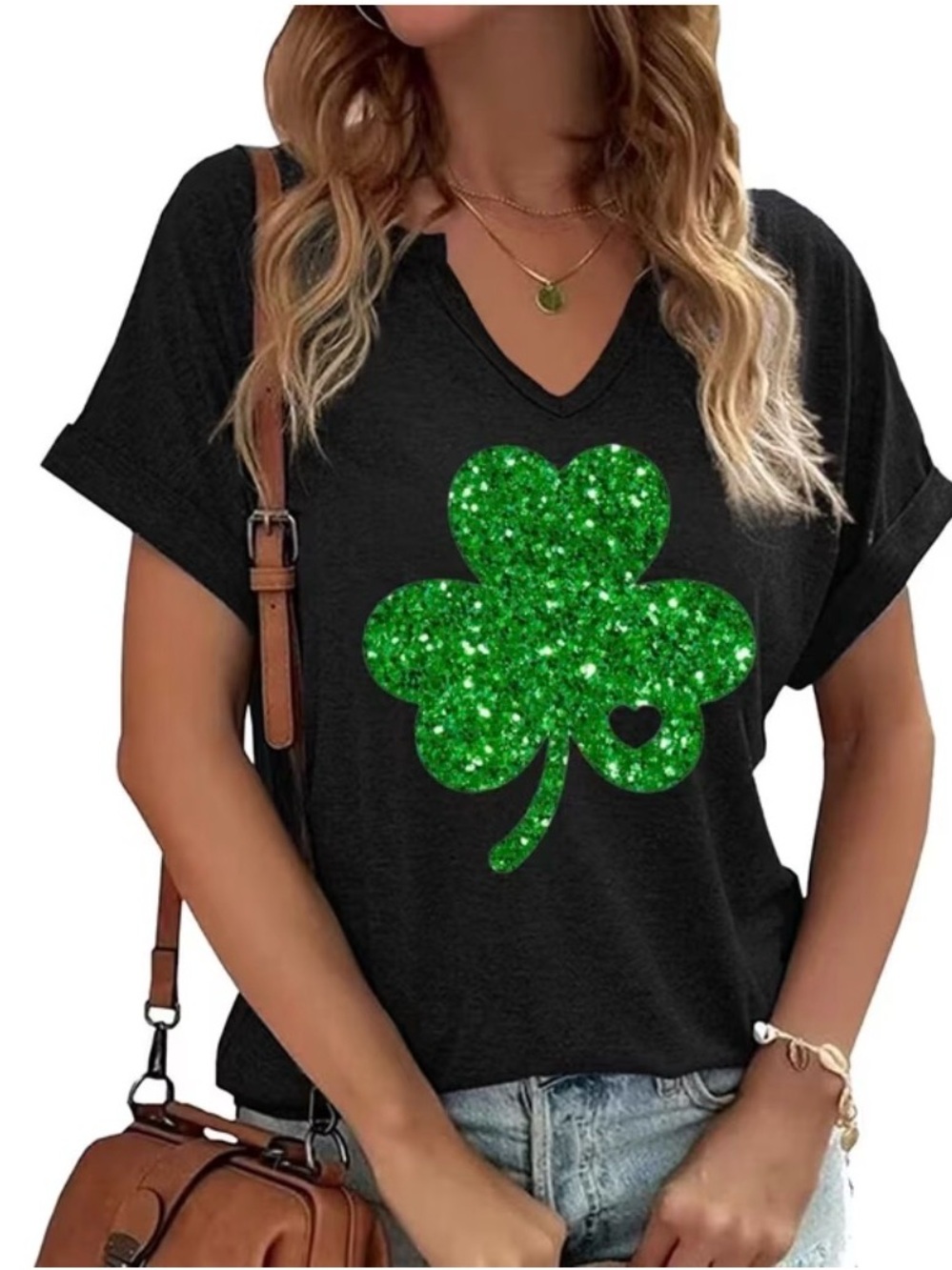Black V-Neck Tee with Green Glitter Shamrock and Cuffed Sleeve! Cute St Patty’s